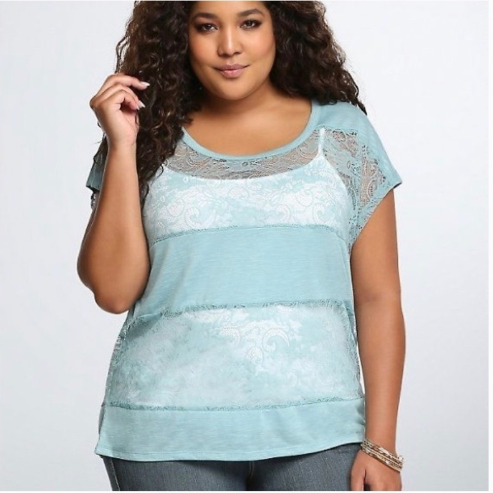TORRID Lace Panel Dolman Short Sleeve Tee‎ Teal 3